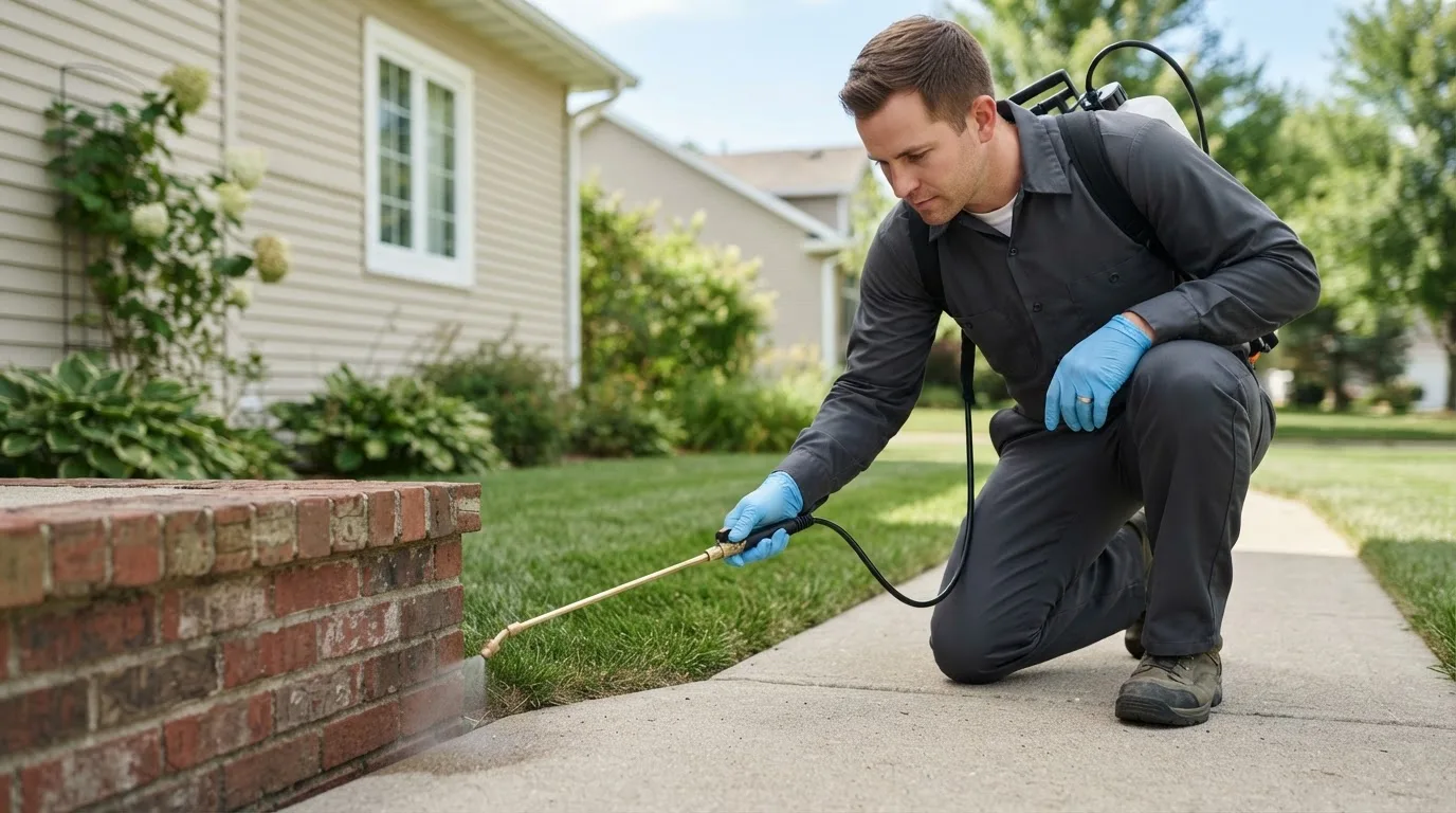 Pest control technician treating a home near West Union, OH